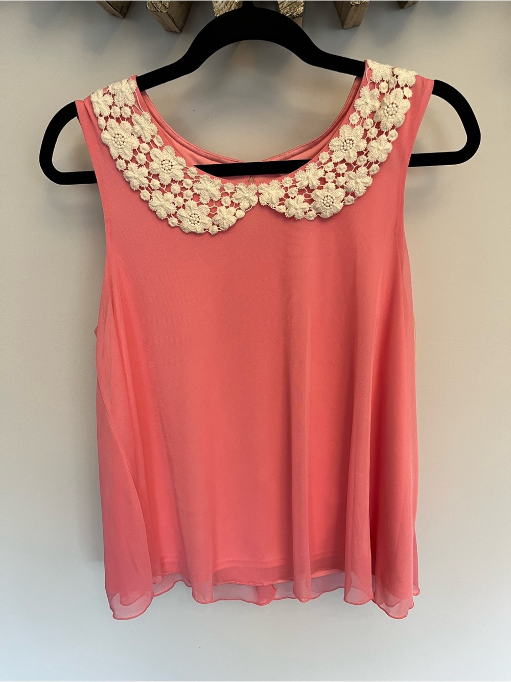 Candies Coral Sleeveless Blouse with Cream Floral Lace Peter Pan Collar
